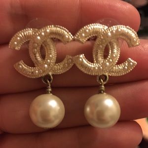 Chanel pearl drop silver toned earrings